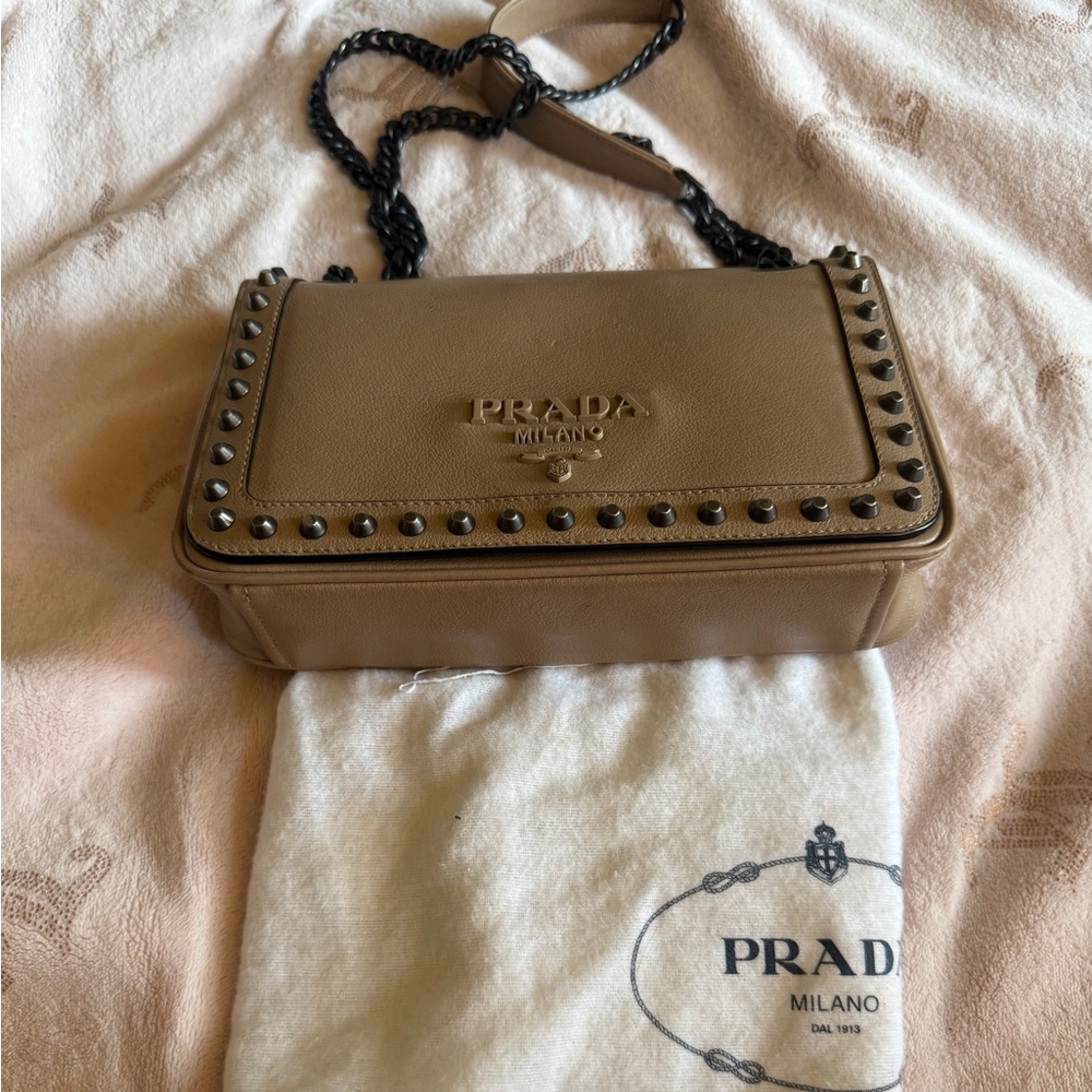 Prada Beige Leather Stud-Trim Shoulder Bag with Chain Strap - Picture 7 of 7